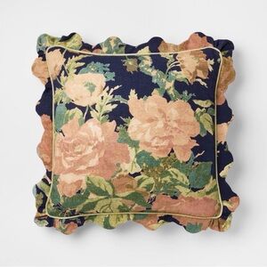 Square Floral Bloom with Scallop Flange Throw Pillow Navy Studio McGee
